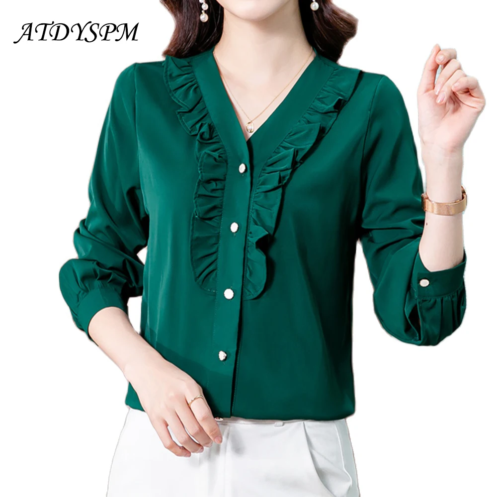 

New Chic Ruffles Solid Button Up Shirts Women Long Sleeve Spring 2022 Office Blouse Female Vintage V-Neck Loose Tops Shirts