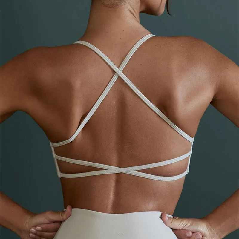 

Sexy Cross Back Fitness Yoga Bra Lady Solid Color Sports Top Gathered Sportswear For Women Gym Workout Underwear
