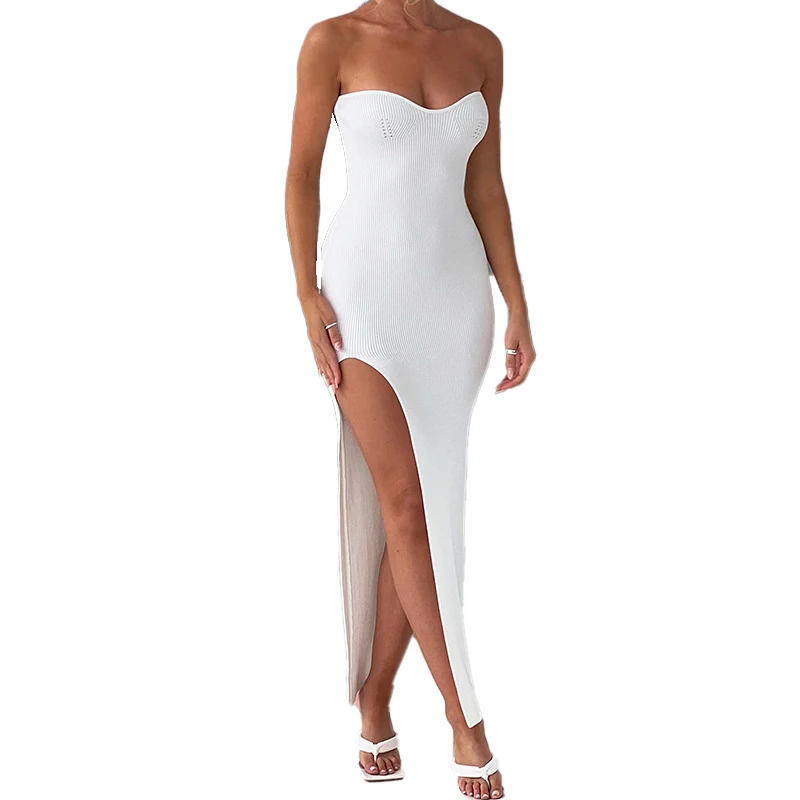 

Женское Трикотажное макси-платье без бретелек, с высоким разрезом, тонкое, элегантное облегающее платье, белые платья, Клубная одежда для летней вечеринки