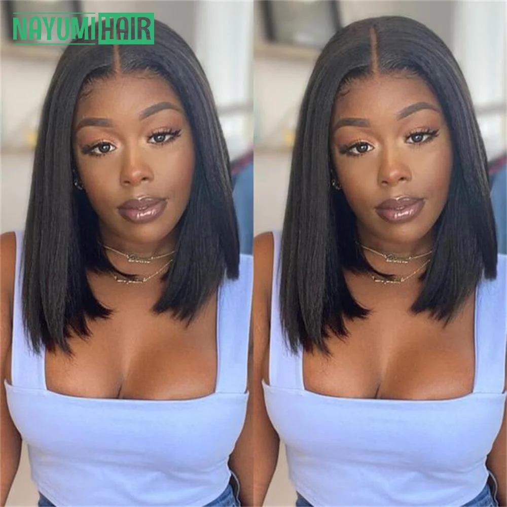 

Yaki Straight Short Bob Human Hair Wigs 13x4 Lace Front Wig Sale For Black Women Pre Plucked Bleached Knots 4x4 Lace Closure Wig