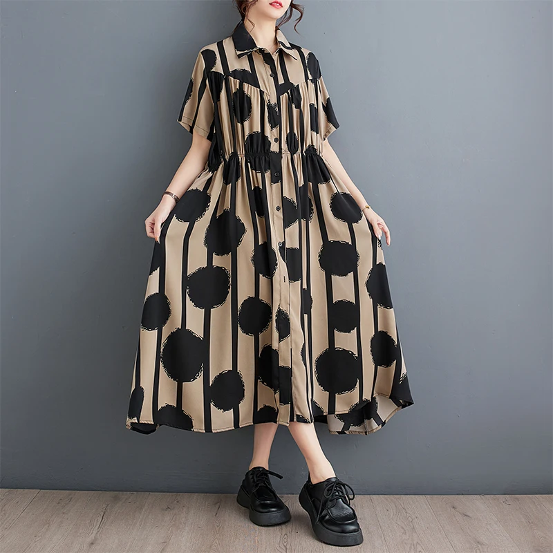 # 3852 Длинное платье-рубашка с принтом в горошек женское платье трапециевидной