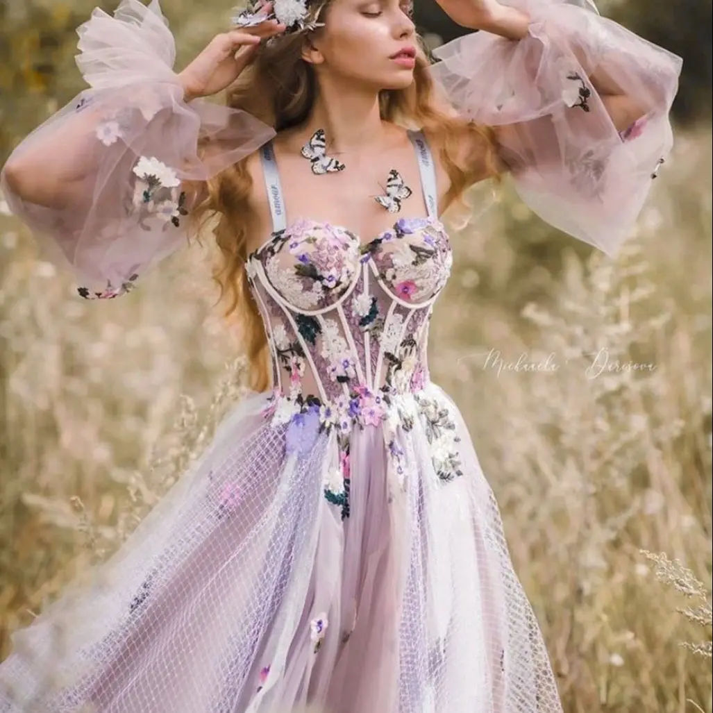 

FATAPAESE Lace Netting Lavender Flowers Off-shoulder Princess Wedding Dress Embellishments Corset Puffy Sleevee Tulle Skirt Gown