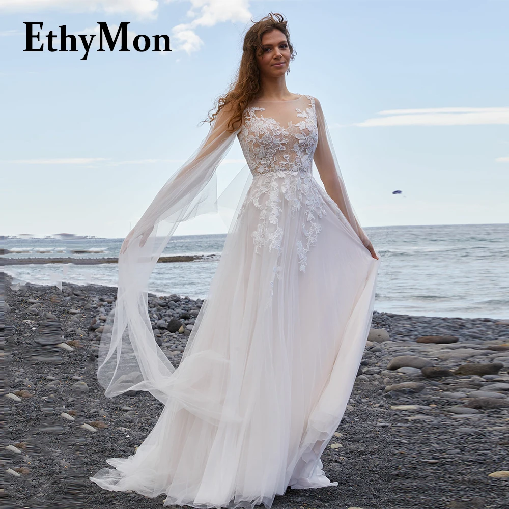 

Ethymon Charming Scoop Full Sleeve Tulle Wedding Dresses For Women Illusion Button Custom Made Robe De Soirée De Mariage Pleat