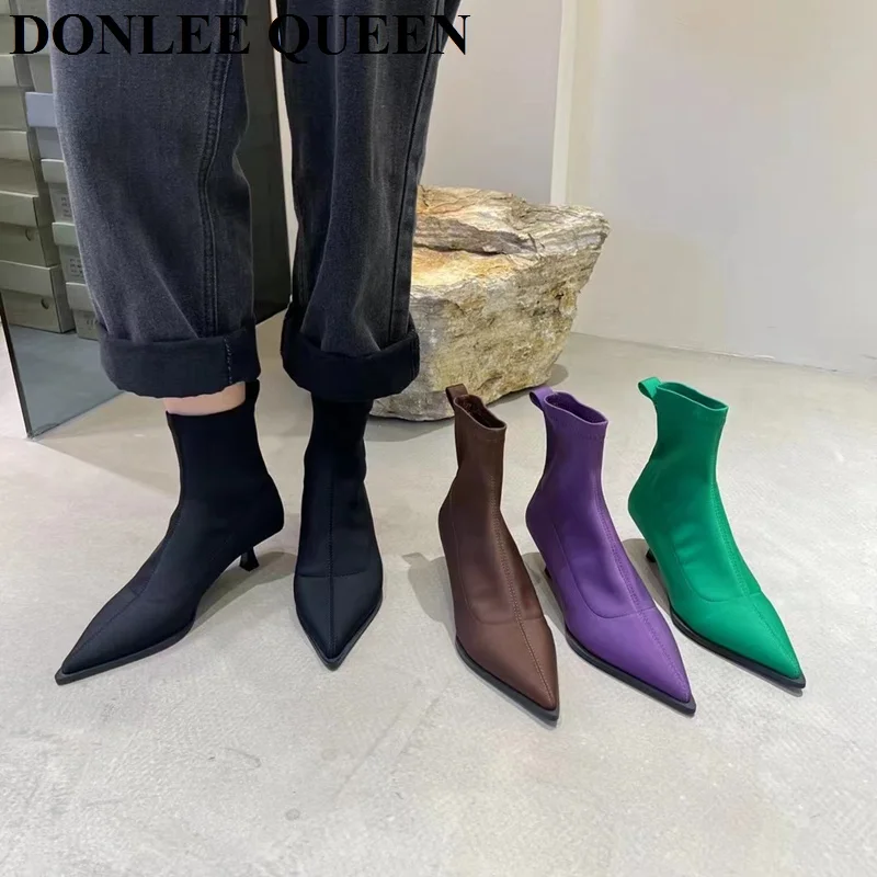 

Women Shoes Pointed Toe Elastic Lycra Ankle Boots Thin High Heel Pumps Brand Female Sock Booties 2022 New Candy Color Short Boot