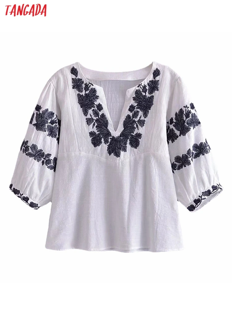 

Tangada Women Viscose Leaves Embroidery Romantic Blouse Shirt Short Sleeve 2022 Chic Female Shirt Tops 5D20
