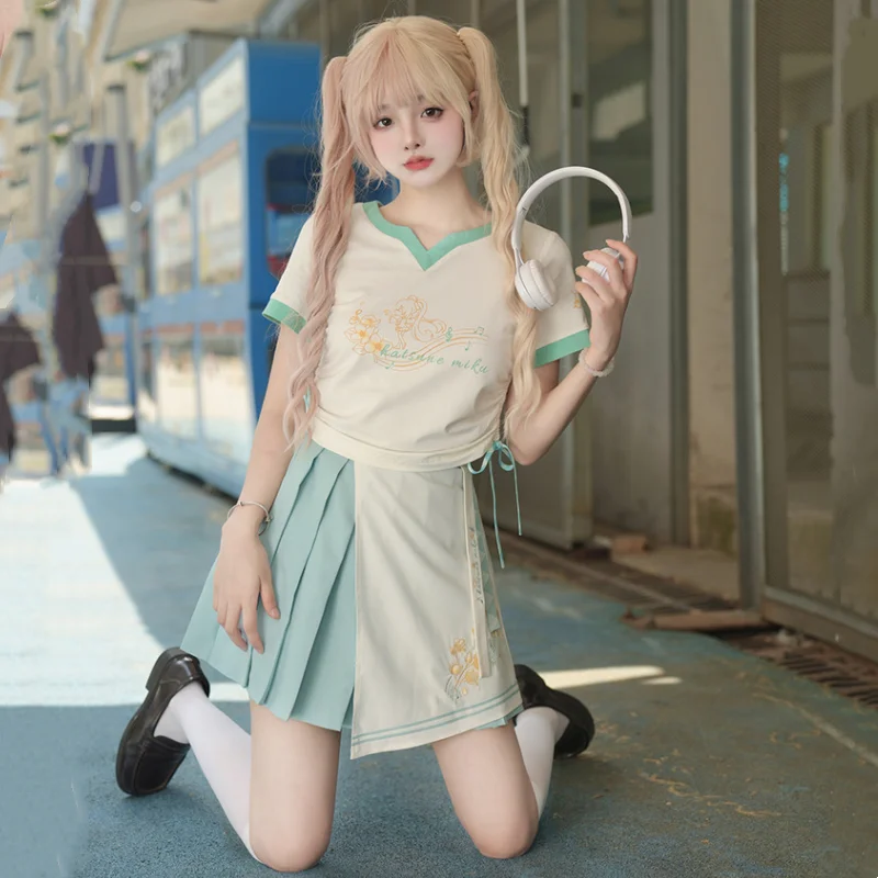 

2023 официальная косплейная рубашка Miku, блузка, короткая юбка, женское платье-футболка, летний костюм, костюм Хацунэ, модная одежда для девушек