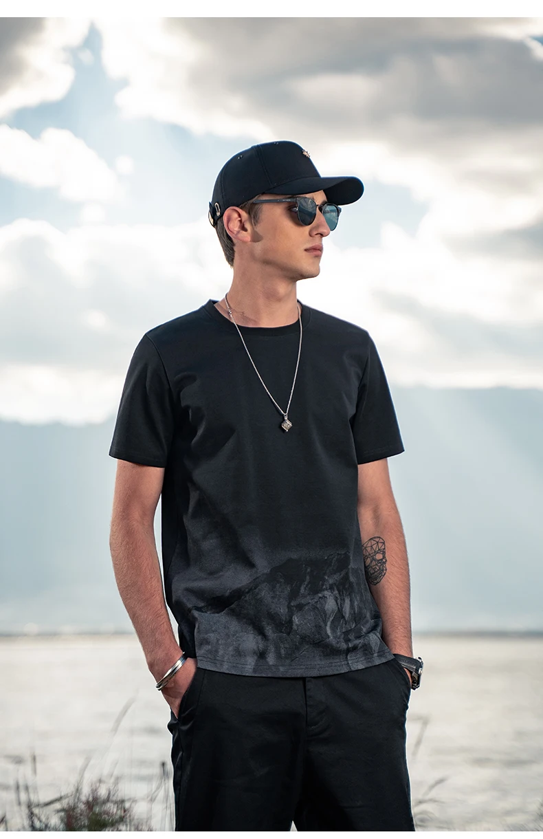 

7112 Trend summer personality American retro snow mountain print ice silk cotton short-sleeved men's T-shirt