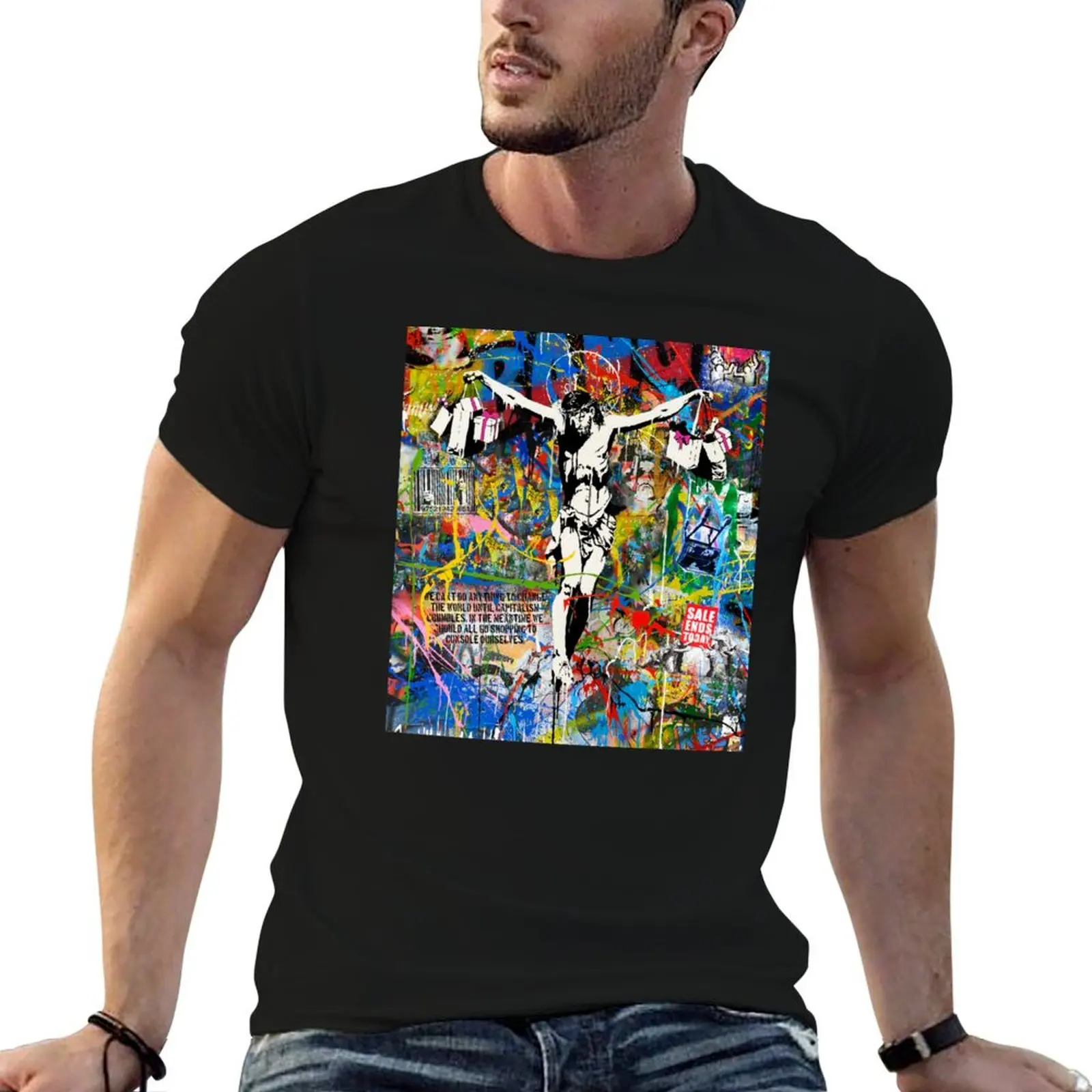 Фото Футболка Banksy Shopping Jesus Pop Street Art Mashup, футболки с аниме, большие футболки с рисунком для мужчин, футболка №1