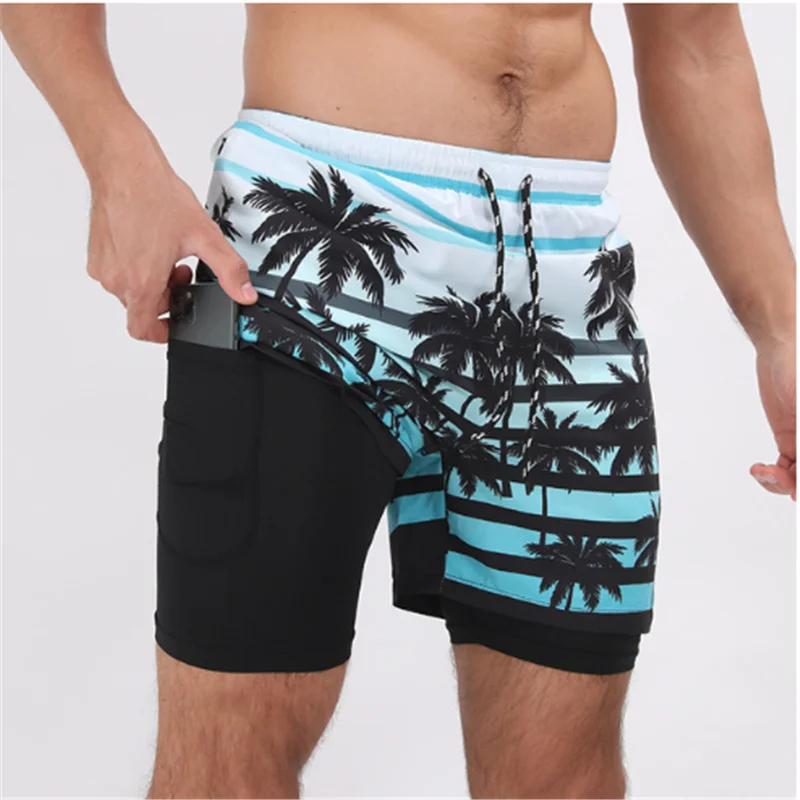 

Мужские спортивные штаны, темно-синие дышащие двухслойные спортивные шорты для тренажерного зала, фитнеса, бодибилдинга, быстросохнущие пляжные шорты для тренировок, лето 2023