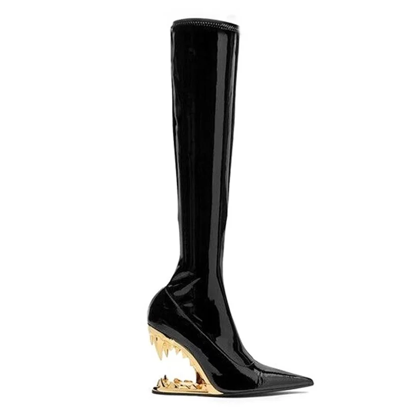 fashion design Elastic patent knee high boots for women European pop  sexy pointed toe wedge riding long sock boots high heels
