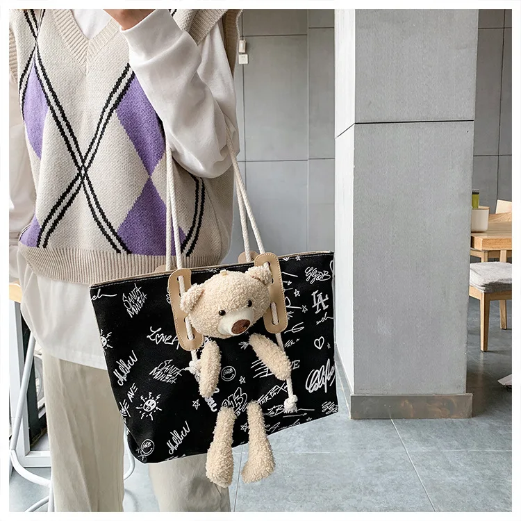 

School Shoulder Bags Graffiti Bear Canvas Bag Female New Japanese Cute Girl Handbag Student Class Bag Large Capacity Tote Bag