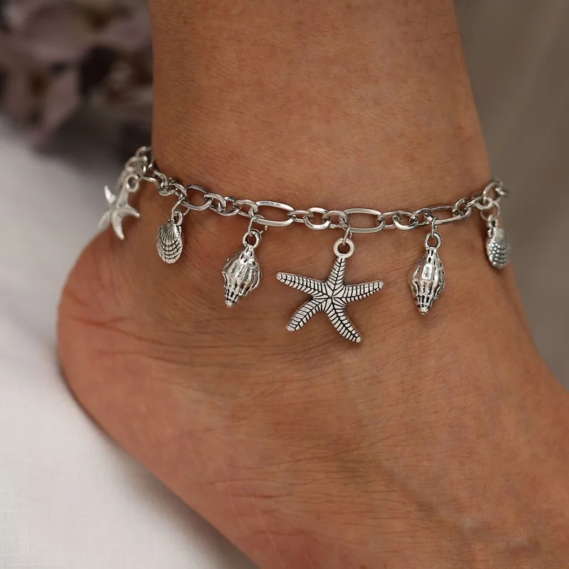

Retro Ocean Starfish Conch Pendant Women Anklet Simple Bohemian Romantic Summer Beach Party Glossy Ancient Silver Anklet Jewelry