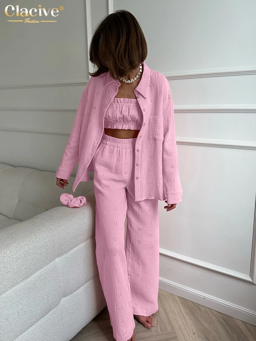 Clacive Повседневные свободные розовые хлопковые комплекты из трех предметов