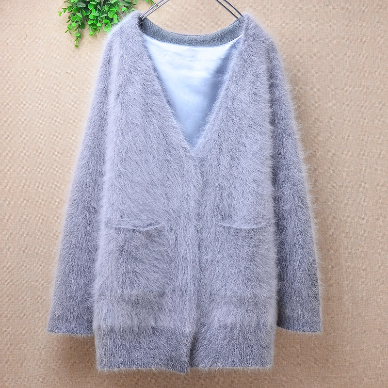 04 Женская осенне-зимняя одежда серая волосатая норка кашемир вязаные свободные