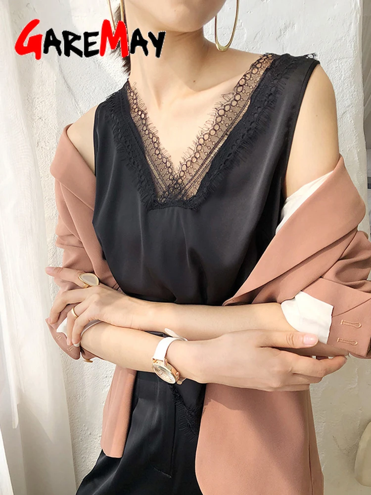 Женские летние блузки без рукавов кружевные Базовые черные красивые элегантные
