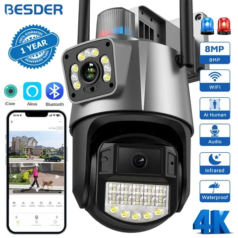 BESDER 4K 8MP PTZ WiFi камера с двойным экраном Двойной объектив Ночное видение Открытый 4MP безопасности IP-камера Автослежение CCTV Камера видеонаблюдения Полицейская световая сигнализация ICSEE App