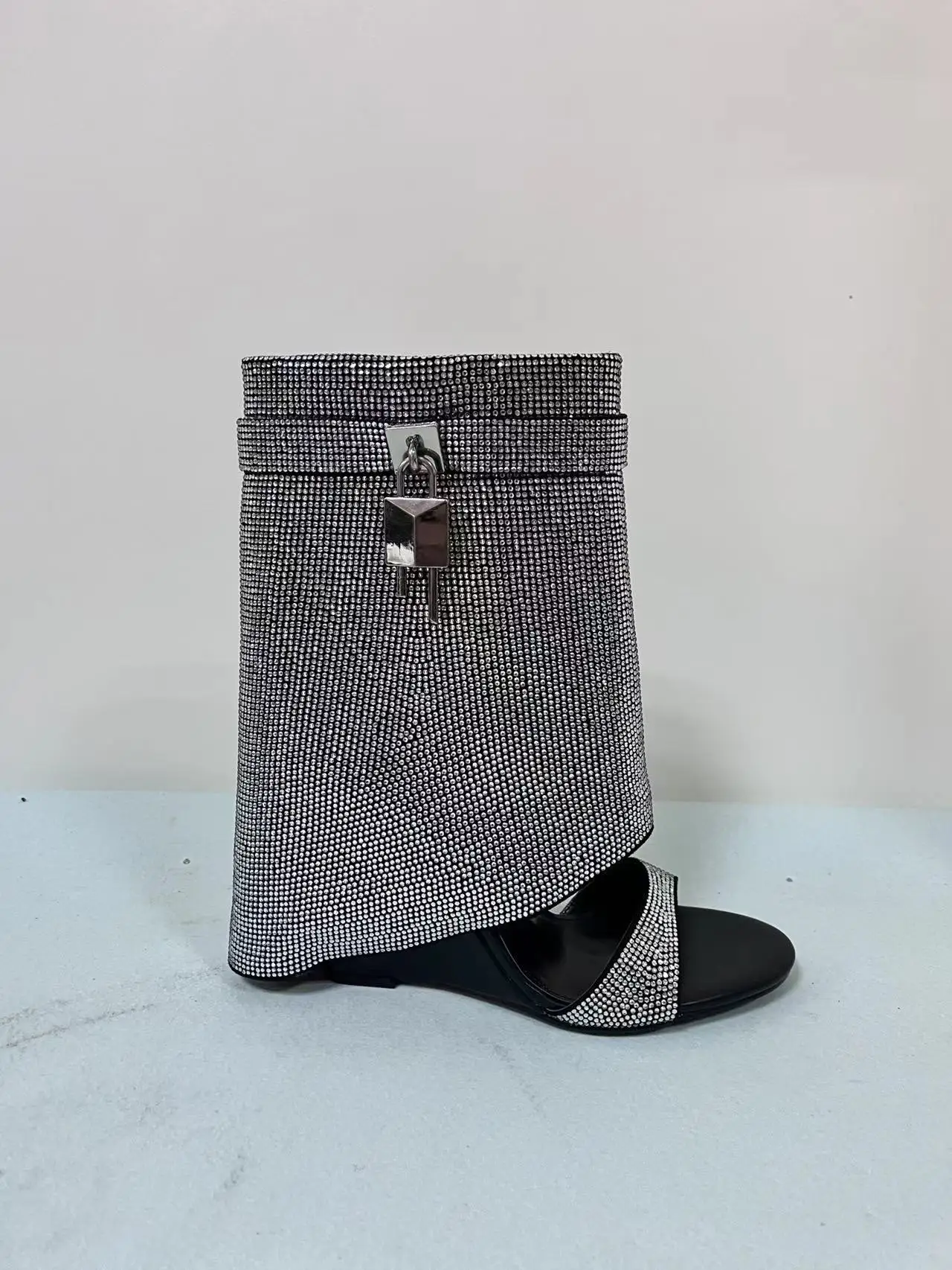 Brand Design Metal Lock Women Knee High Boots sexy rhinestone peep toe high wedges woman shoes Wedding Nightclub Party Long Boot