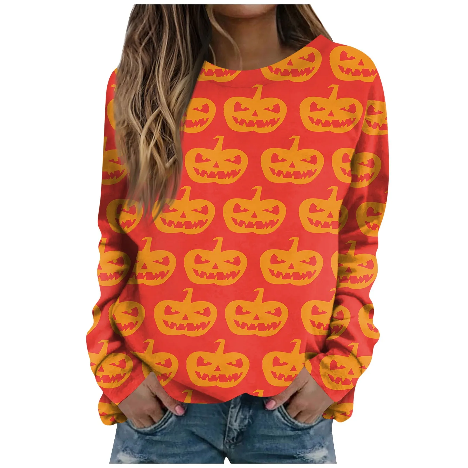 

Женская блузка с длинным рукавом, круглым вырезом и принтом головы тыквы