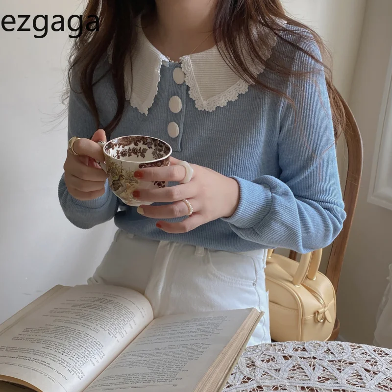 

Sweet Sweater Pullover Women Fashion Peter Pan Collar Lace Patchwork Button Knitted Jumper Autumn Girl Korean Fashion
