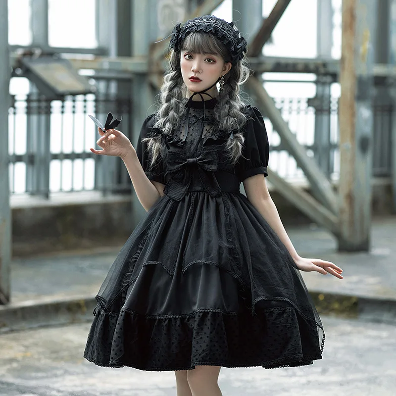 

Женское Сетчатое платье с коротким рукавом Goth Sweet, черное Сетчатое платье в стиле японской Лолиты, одежда для косплея принцессы в стиле Харадзюку на лето