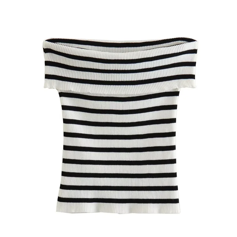 

2023 New Women One Line Neck Slim Fit Striped Top Summer Fashion Versatile Off Shoulder Sexy Knitted Tops