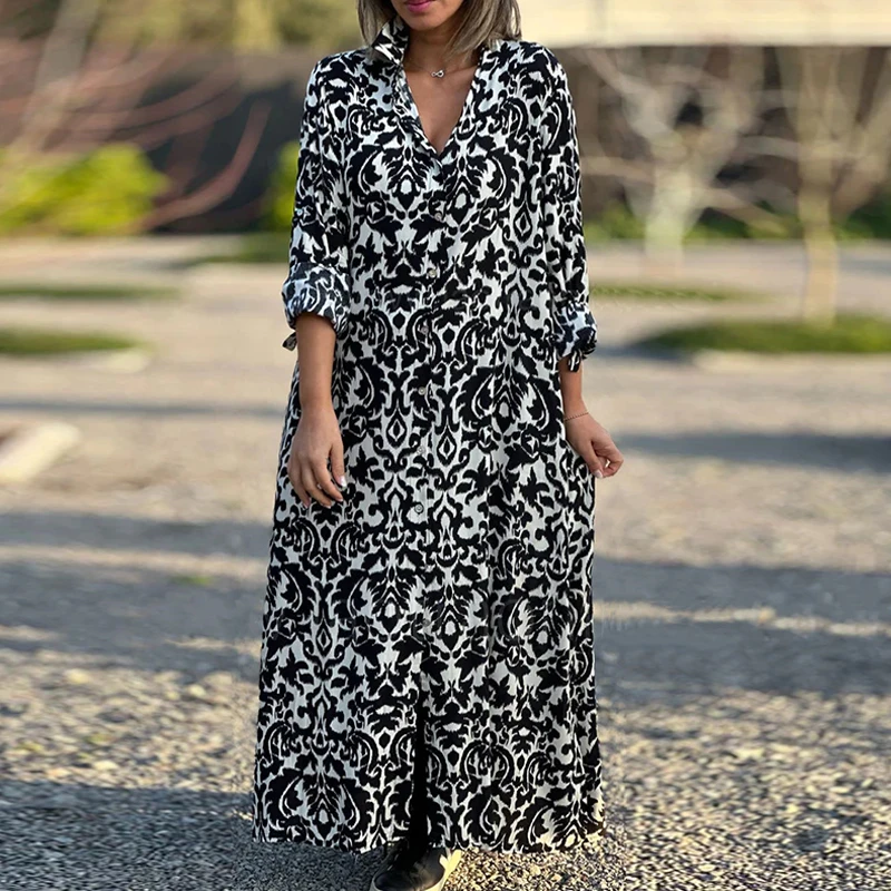 

Fashion Long Sleeve Oversize Maxi Dress Female Casual Geometry Print Loose Dress Autumn Lapel Single-breasted Office Shirt Dress