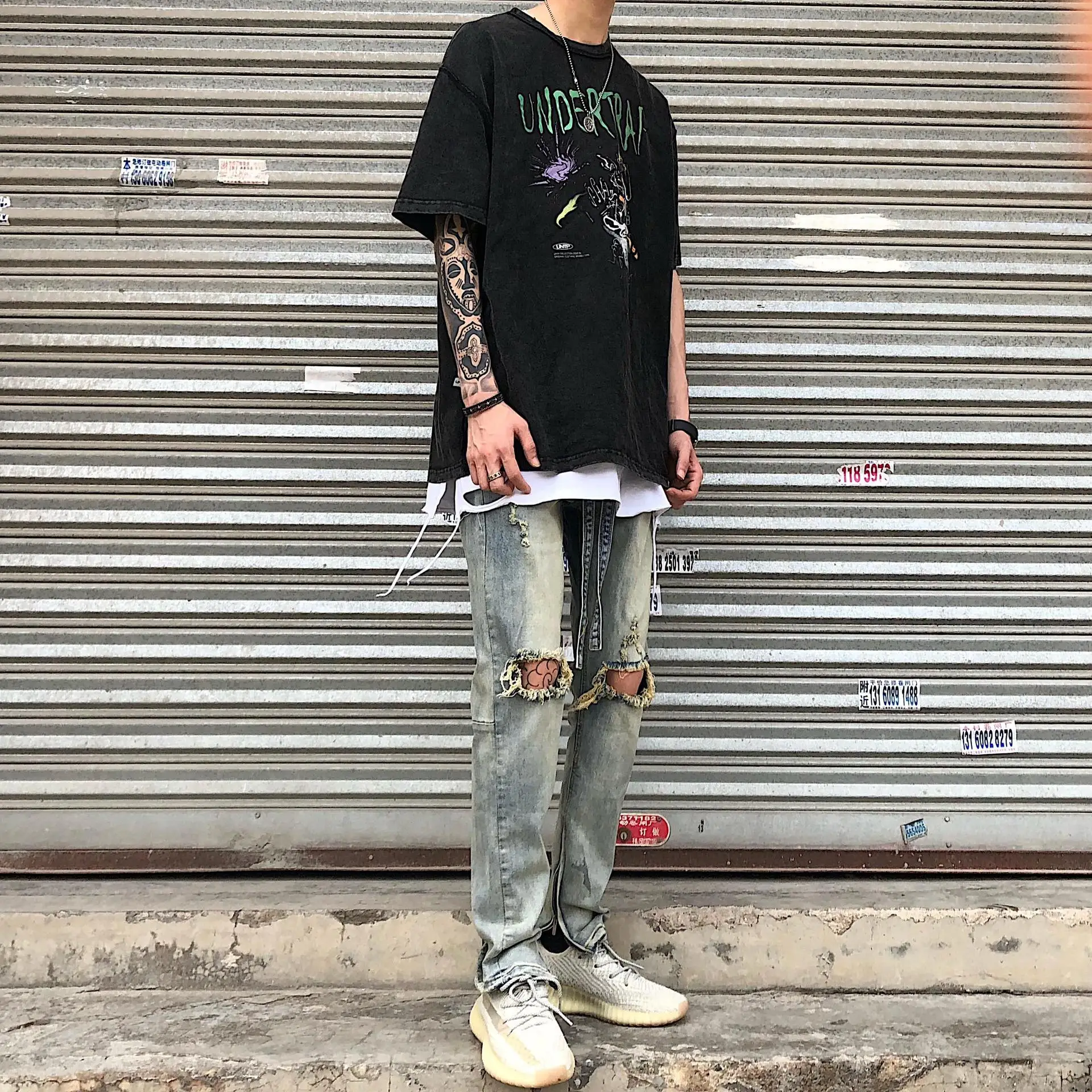 Hip-hop Zipper Jeans Casual Korean Retro Slim Knee Hole Streamer Jeans Wtreetwear Men Denim Pants Pantalones Vaqueros Hombre