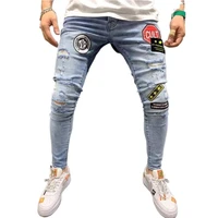men printed jeans ripped skinny hole trousers stretch slim denim pant large size hip hop black blue casual jogging jeans for men