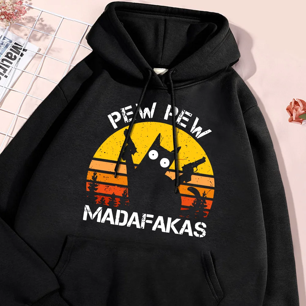 Pew Madafakas Cat With Two Guns Printing Hoodie Мужские толстовки с забавными кошками Гибкий