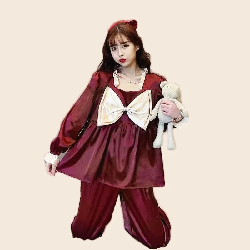 Cute Pajamas Set Full Sleeve T-shirt Long Pants 2Piece/Set Summer Sexy Bow Pyjama Big Size Homewear Cozy Plus Sweet Sleepwear