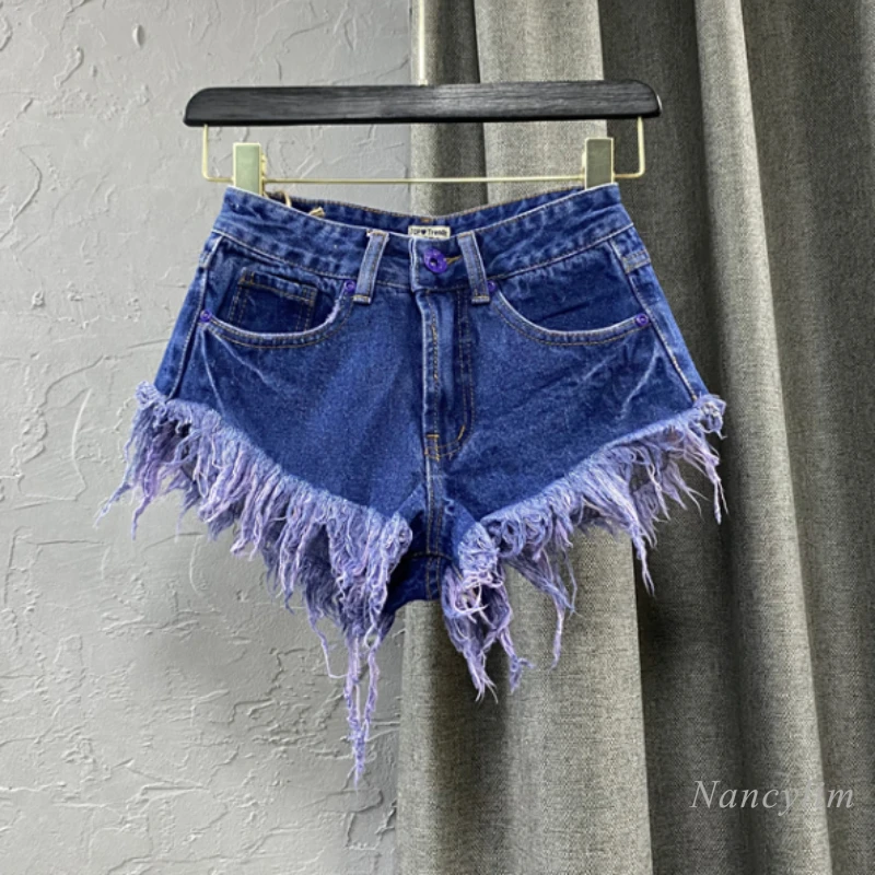 

2022 Women's Clothing Fringed Burr Hot Pants New Summer Low Waist Super Fashion Blue Purple Shorts Skinny Jeans
