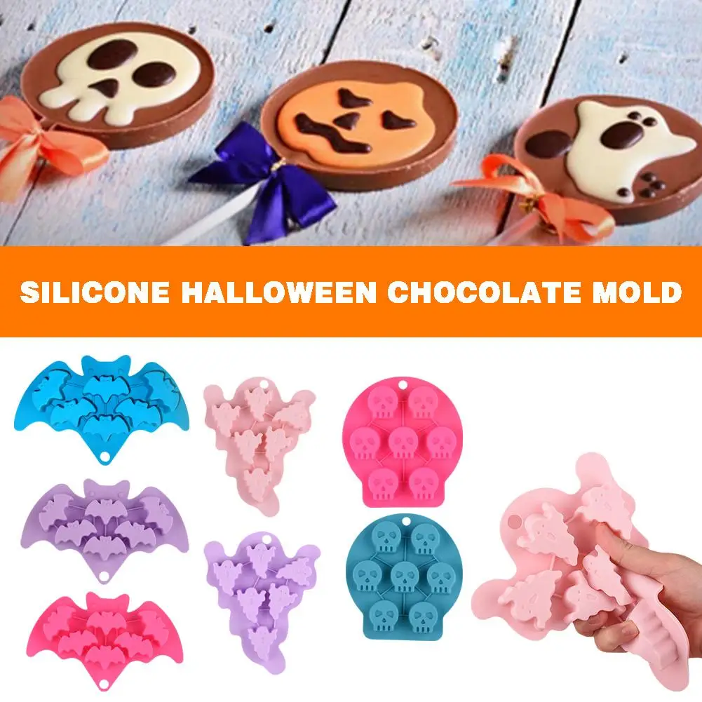 

Silicone Mould Halloween Chocolate Bat Skull Ghost Grid Candle Ice Cake Mold Cartoon Baking Kitchen Molds DIY F1S7