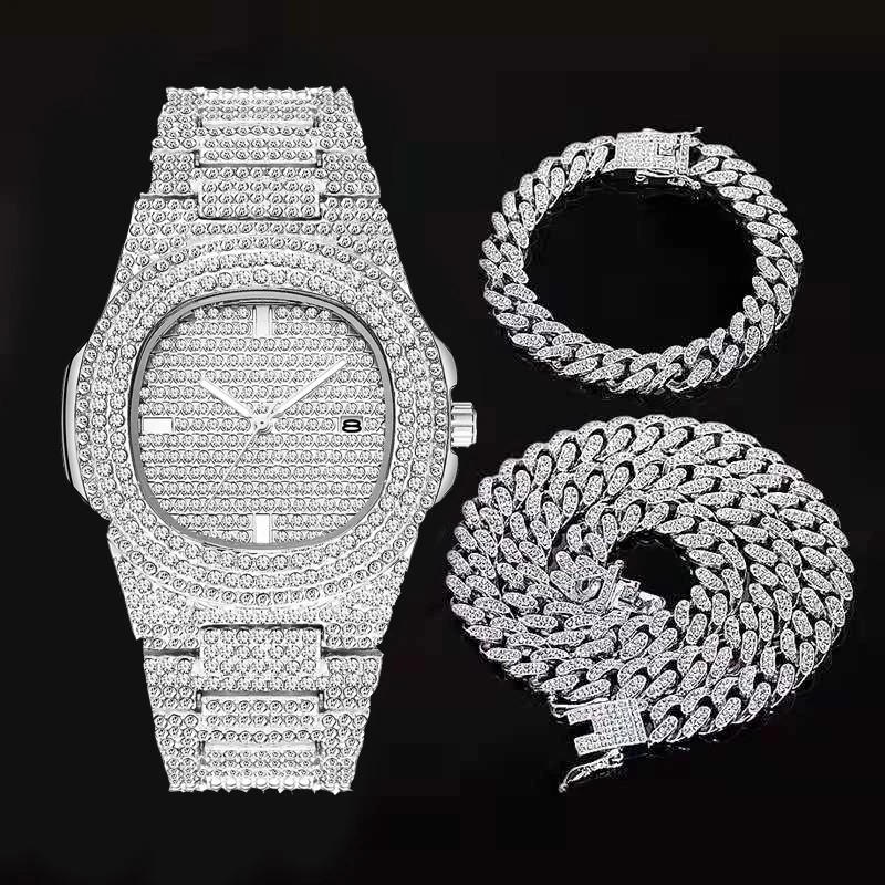

Ожерелье + часы + браслет в стиле хип-хоп Miami Снаряженная кубинская цепочка золотого цвета со льдом Стразы CZ побрякушки для мужчин ювелирные ...