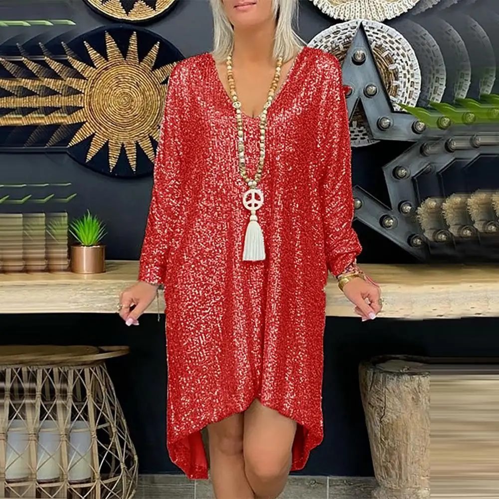 

Women Sexy Dress Shiny Sequin Dresses 2021 New Long Sleeve V-Neck Bodycon Slim Short Dress Spring Evening Party Clubwear Vestido
