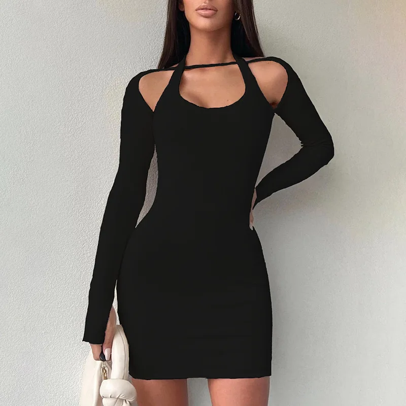 

FTS Fashion Elegant Evening Female Clothing Hollow Collar Low Cut Slim Pack Hip Long Sleeve White Mini Bodycon Dresses For Women