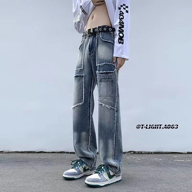 Deeptown Y2k Harajuku Jeans Women Black Denim Baggy Cargo Pants Patchwork Wide Leg Gothic Streetwear Grunge Trousers 90s Vintage