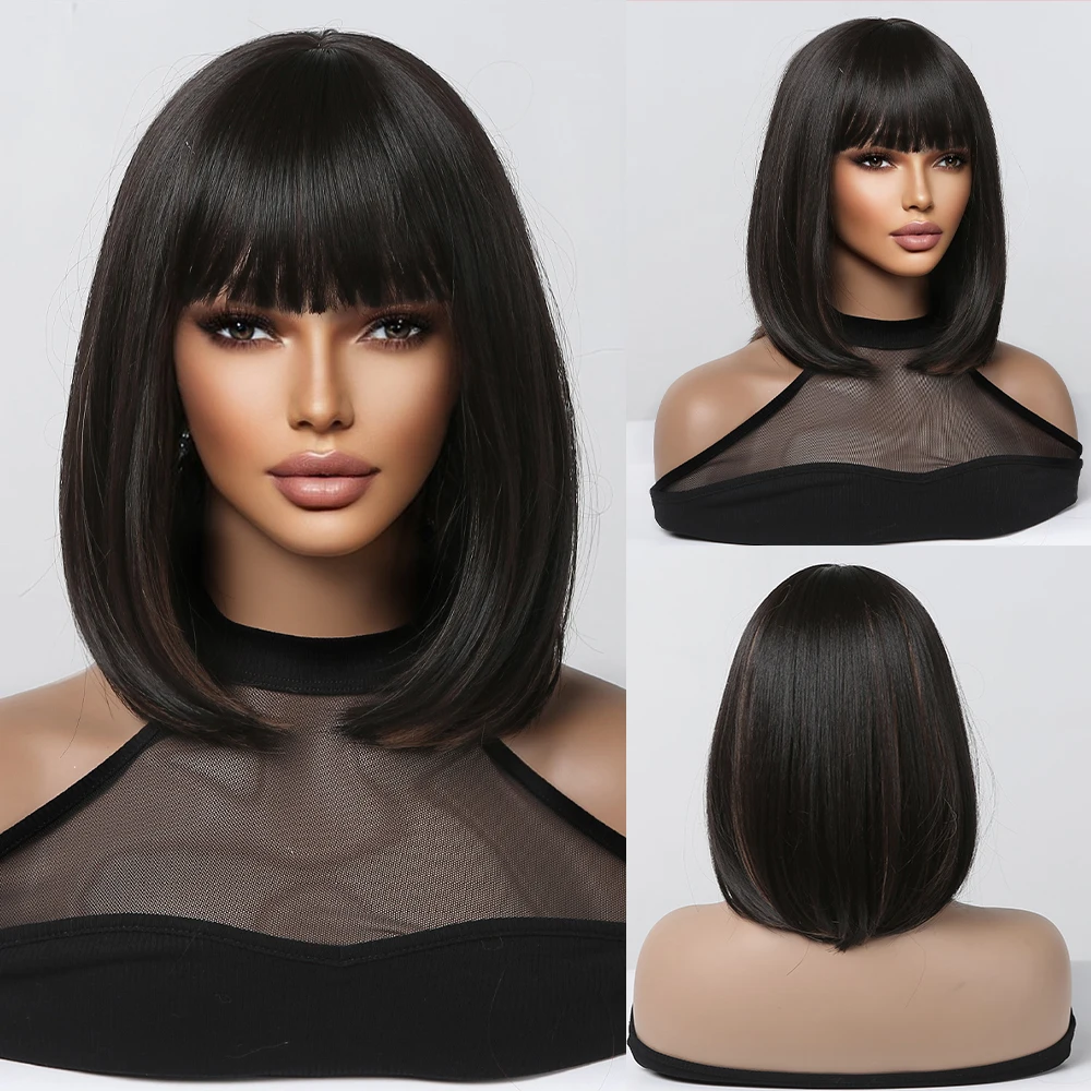 

Short Black Brown Syntnetic Wigs Straight Bob Hair Wig for Women Afro with Bangs Cosplay Party Highlights Heat Resistant Wigs