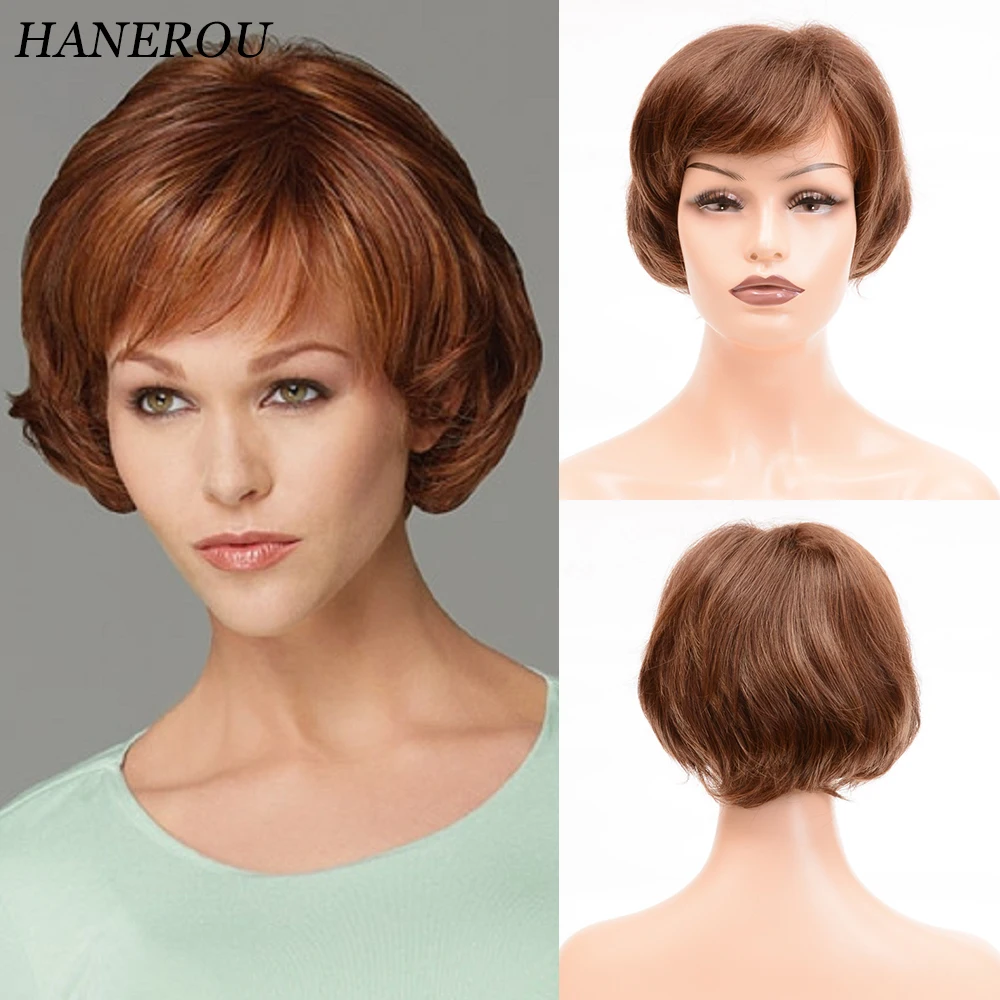 

HANEROU Short Brown Wigs Synthetic Women Natural Fluffy Hair Wig Heat Resistant for Daily Party Cosplay