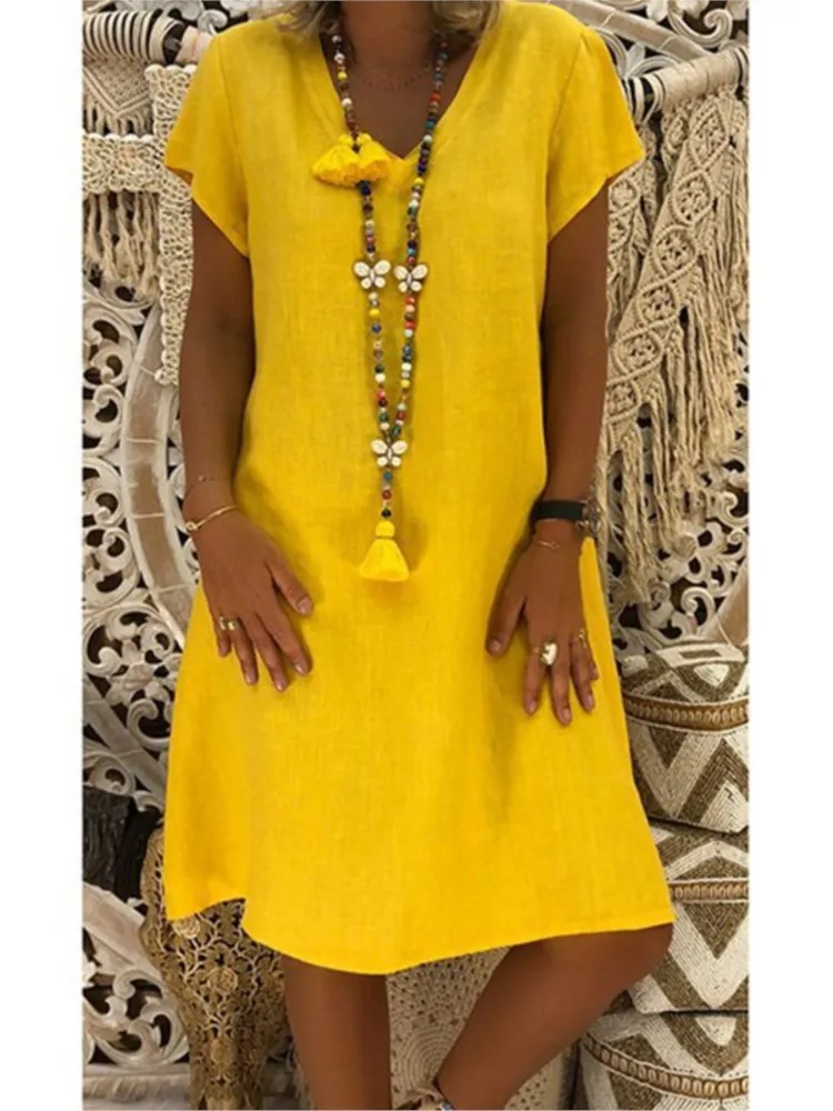 Женское хлопковое льняное платье миди с v-образным вырезом и короткими рукавами