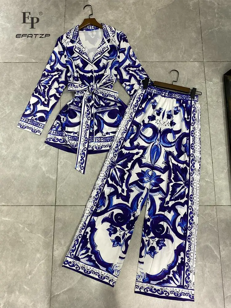 

EFATZP Spring Fashion Blue And White Porcelain Long Pants Suit Women's Long Sleeve Button Lace UP + Elastic Waist Long Pants