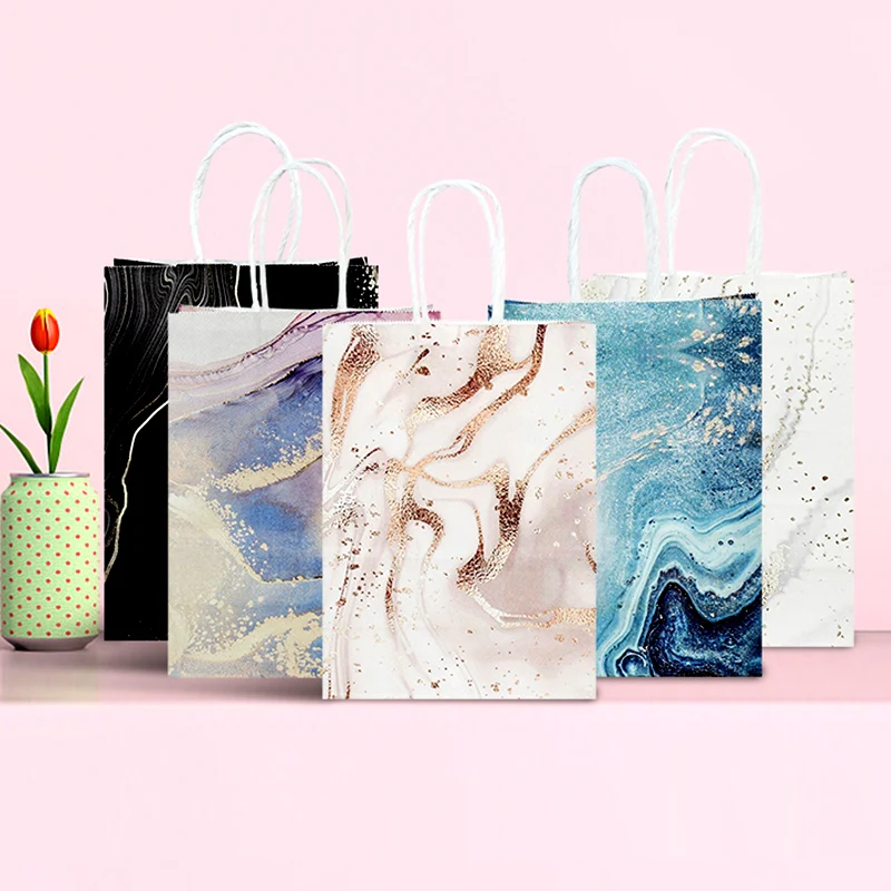 

5Pcs Wedding Favor Gift Paper Bags Marble Pattern Kraft Paper Handle Bags For Christmas Birthday Party Candy Gift Pakcing Decor