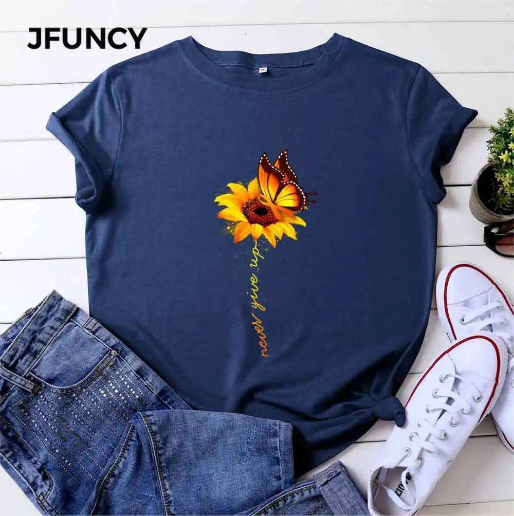 JFUNCY 5XL Casual Loose Women Tees 2023 Summer Female Cotton T Shirt Woman Short Sleeve Tops Sunflower Print Tshirt