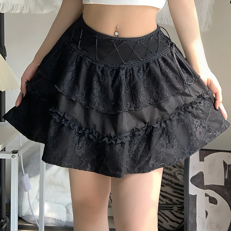 

E-girl Grunge High Waist Lace Up A-line Skirt Gothic Mall Goth Mini Skirt Harajuku Vintage Fairy Dark Academia Emo Alt Outfits
