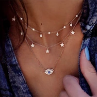 simple water drop five pointed star eye blue diamond multilayer necklace