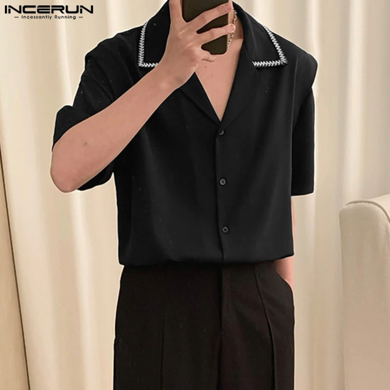 

INCERUN Tops 2023 Fashion All-match Men's Collar Line Patchwork Shirts Casual Male Solid Comfortable Short Sleeved Blouse S-5XL