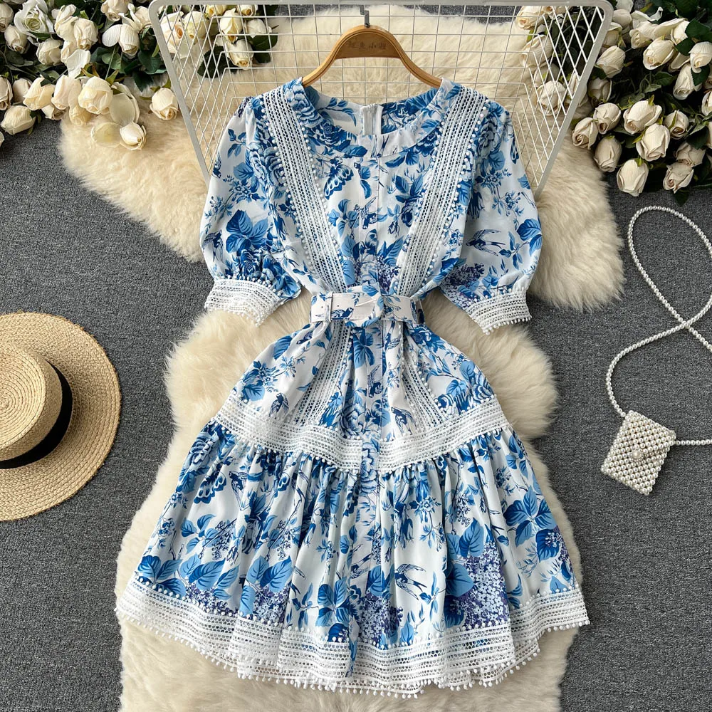 

New French Blue Print Lace Lace Mesh Hollow a Princess First Love Dress