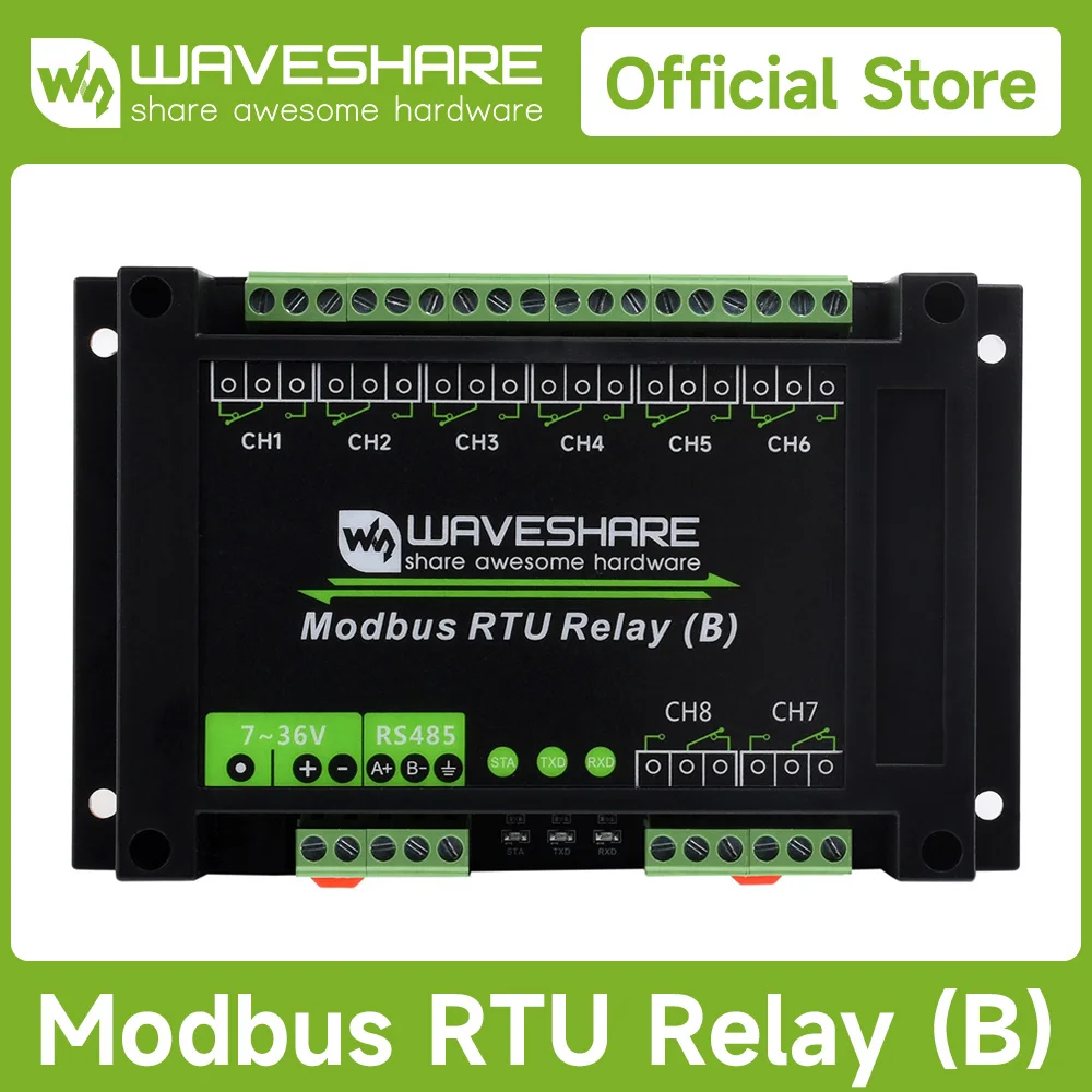 

Промышленный релейный модуль Waveshare Modbus RTU 8-канальный (B) с интерфейсом RS485, многоизоляционными защитными схемами, 7 ~ 36 В