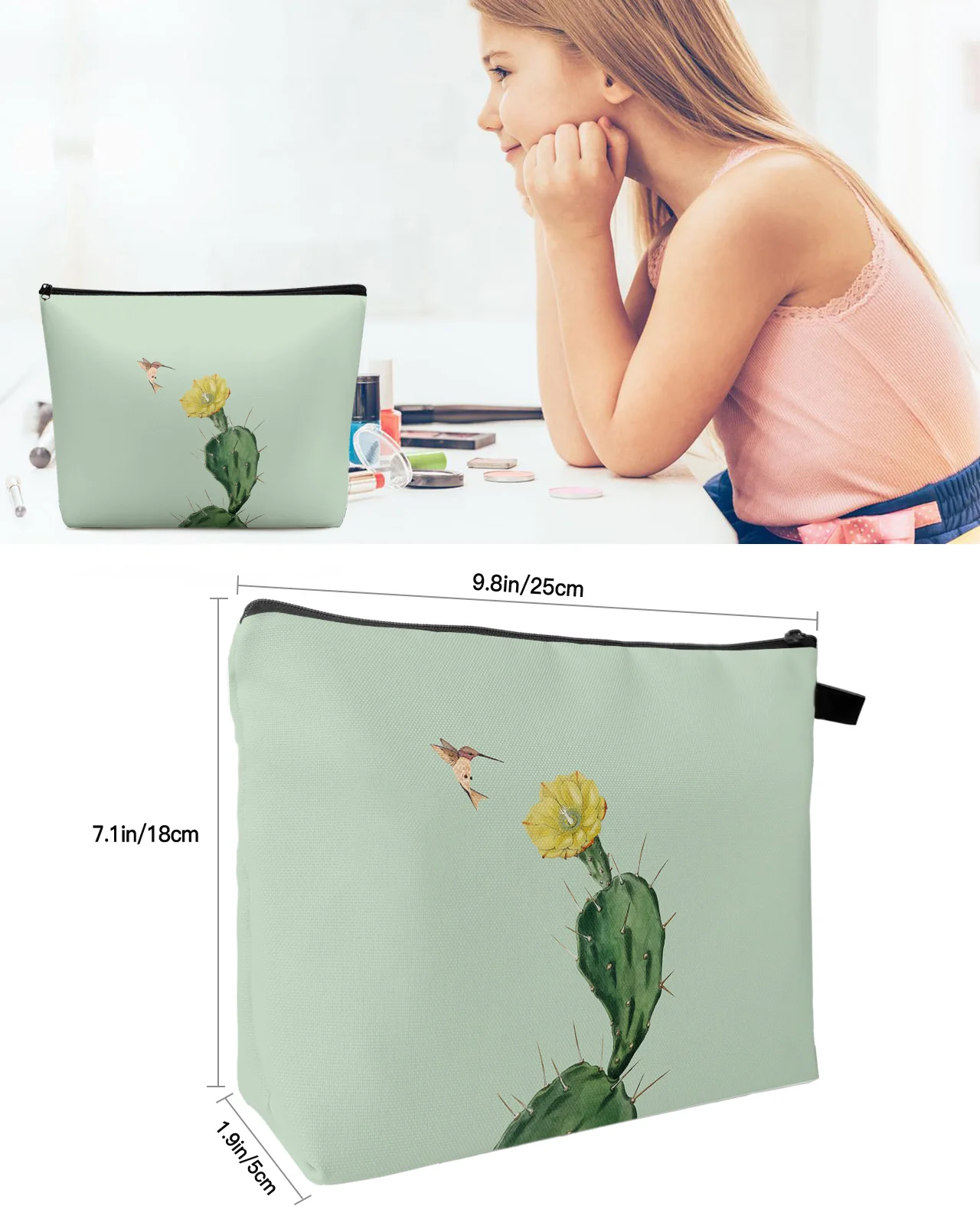 Сумка для косметики С КАКТУСОМ желтым цветком и колибри