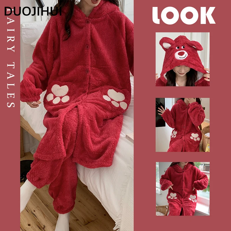 

DUOJIHUI однотонные с капюшоном простые женские комплекты одежды для сна зимние милые плотные теплые фланелевые свободные модные пижамы для женщин