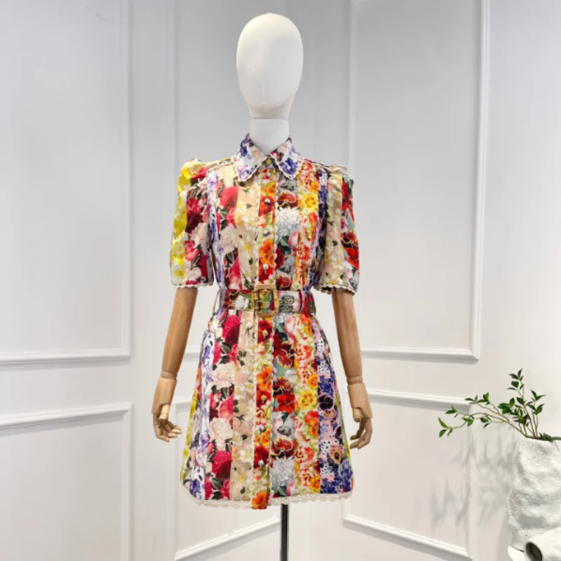 

2023 Latest Collection Spring Summer Top Quality Pure Linen Floral Printing Embroidery Hem Patchwork Mini Dress Women